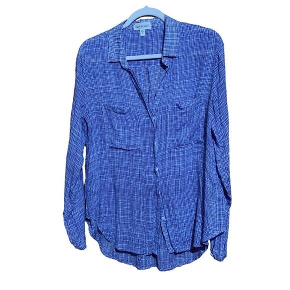 Cloth & Stone Size Medium Blue White Plaid Rayon Button Up Shirt Blouse Top - Picture 1 of 8